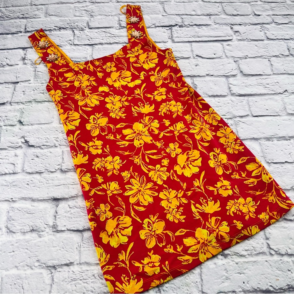 Zara Jacquard Mini Tank Dress Small Pink Orange Floral Jewel Detail